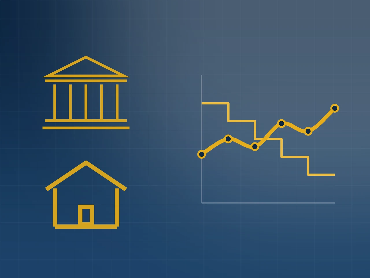Illustration einer Treppenlinie, die stufenweise fällt, neben einer steigenden Verlaufslinie, dazu ein Bankgebäude und ein Haus als goldene Linienzeichnung