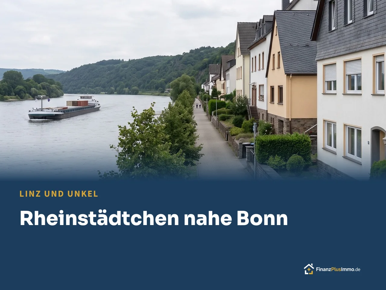 Rheinpromenade mit Frachtschiff und Häuserzeile mit Schieferdächern, darunter die Überschrift „Rheinstädtchen nahe Bonn“