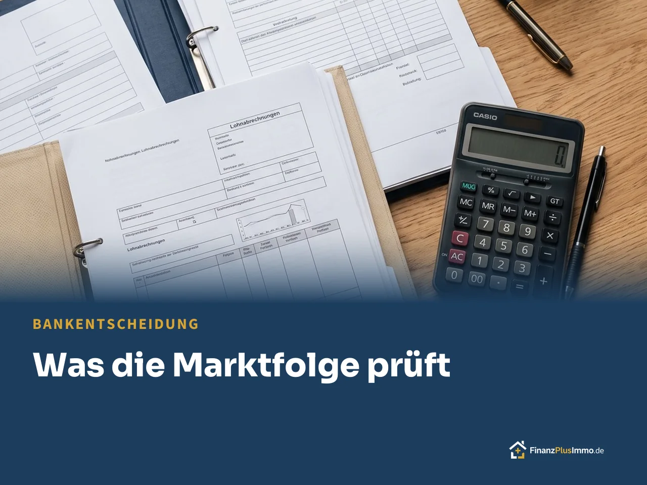 Formulare, Ordner, Taschenrechner und Kaffee auf dem Schreibtisch, darunter die Überschrift „Was die Marktfolge prüft“