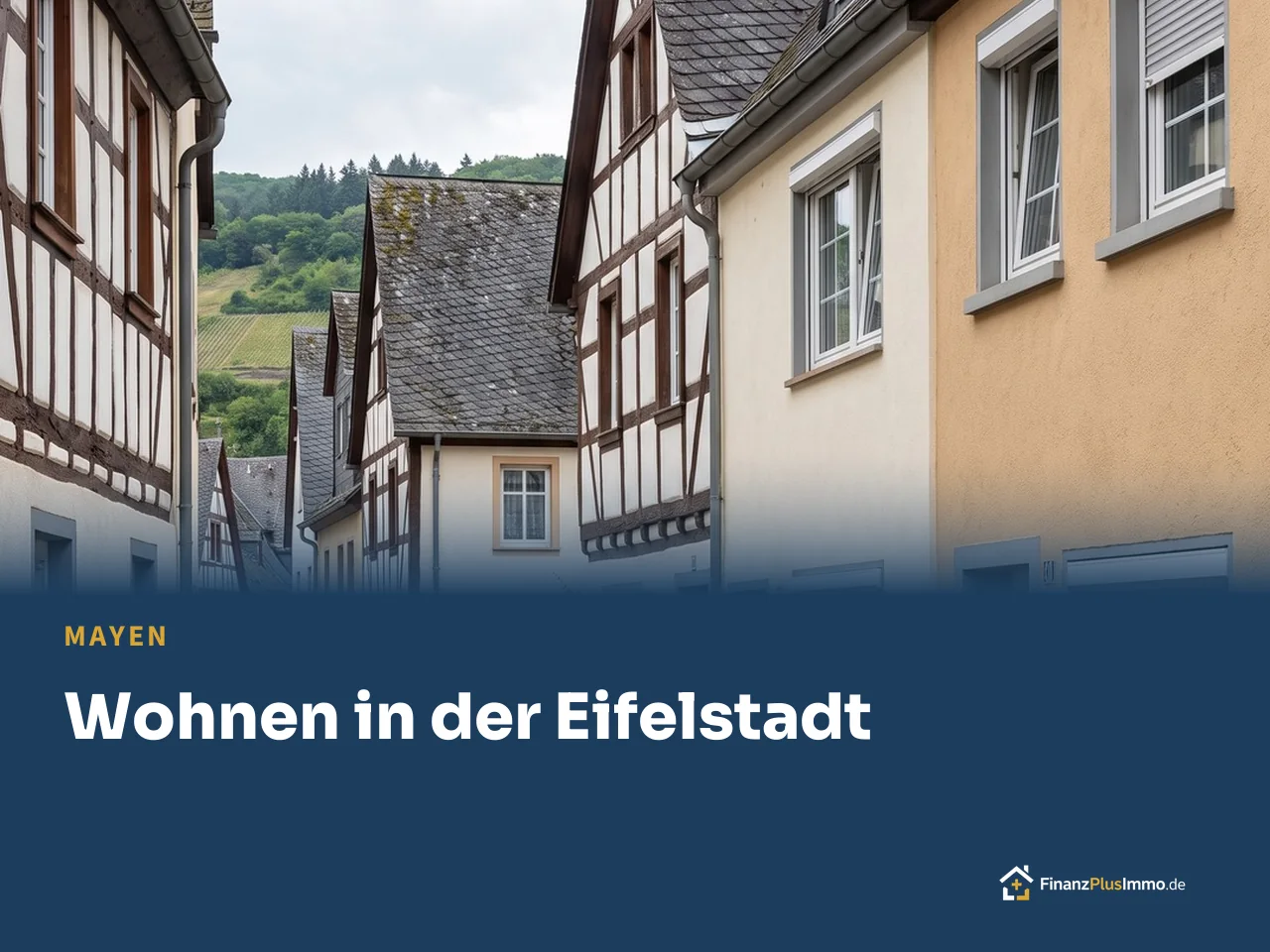 Gasse mit Fachwerk und Schieferdächern, Kopfsteinpflaster, darunter die Überschrift „Wohnen in der Eifelstadt“