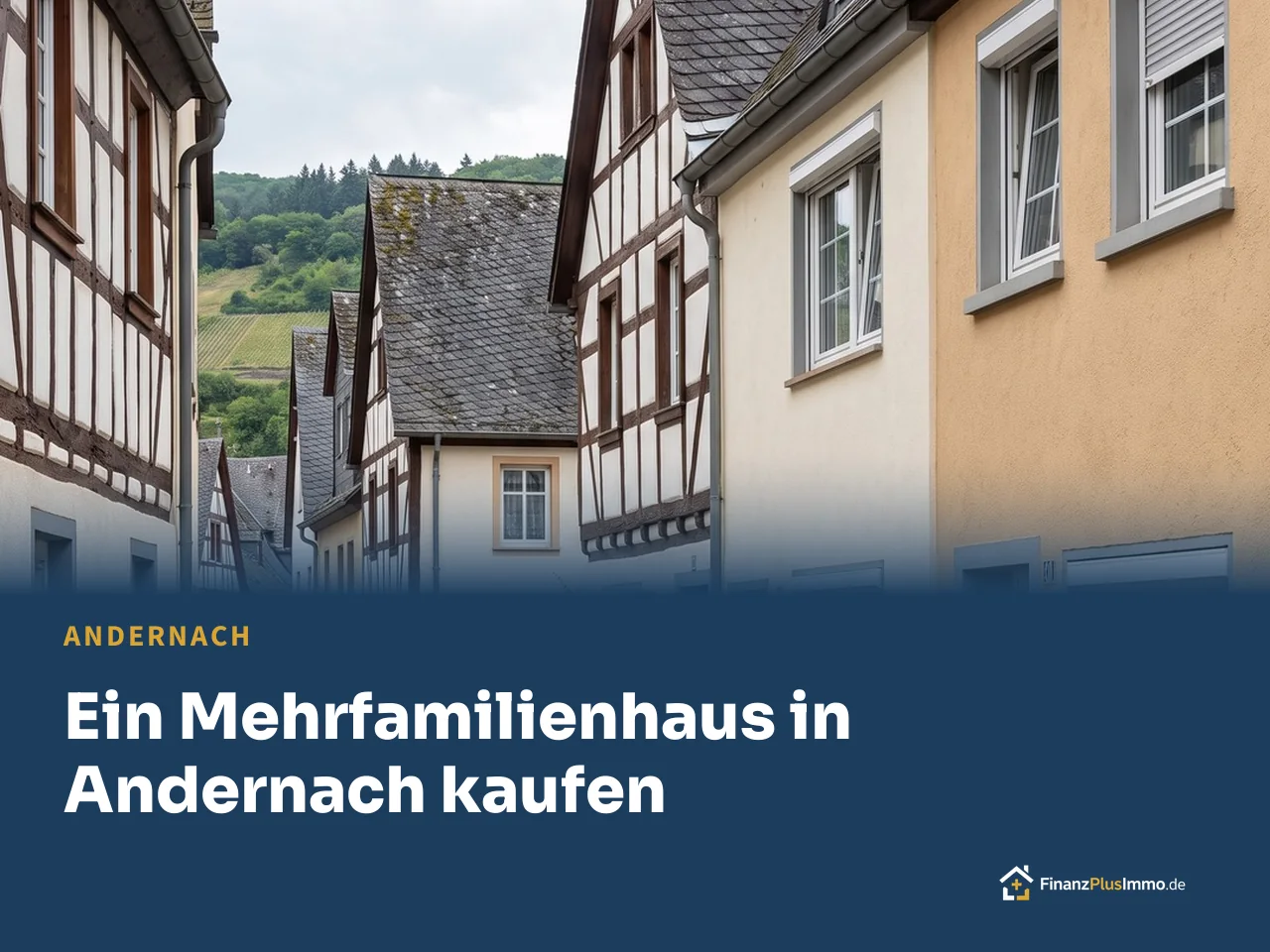 Gasse mit Fachwerk und Schieferdächern, Kopfsteinpflaster, darunter die Überschrift „Ein Mehrfamilienhaus in Andernach kaufen“