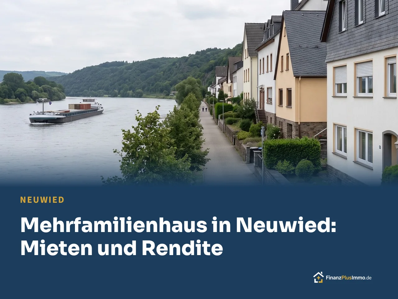Rheinpromenade mit Frachtschiff und Häuserzeile mit Schieferdächern, darunter die Überschrift „Mehrfamilienhaus in Neuwied: Mieten und Rendite“