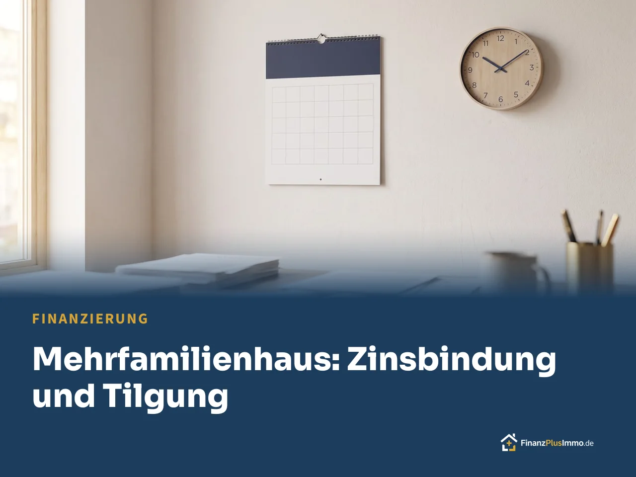 Leerer Wandkalender und Uhr, darunter die Überschrift „Mehrfamilienhaus: Zinsbindung und Tilgung“