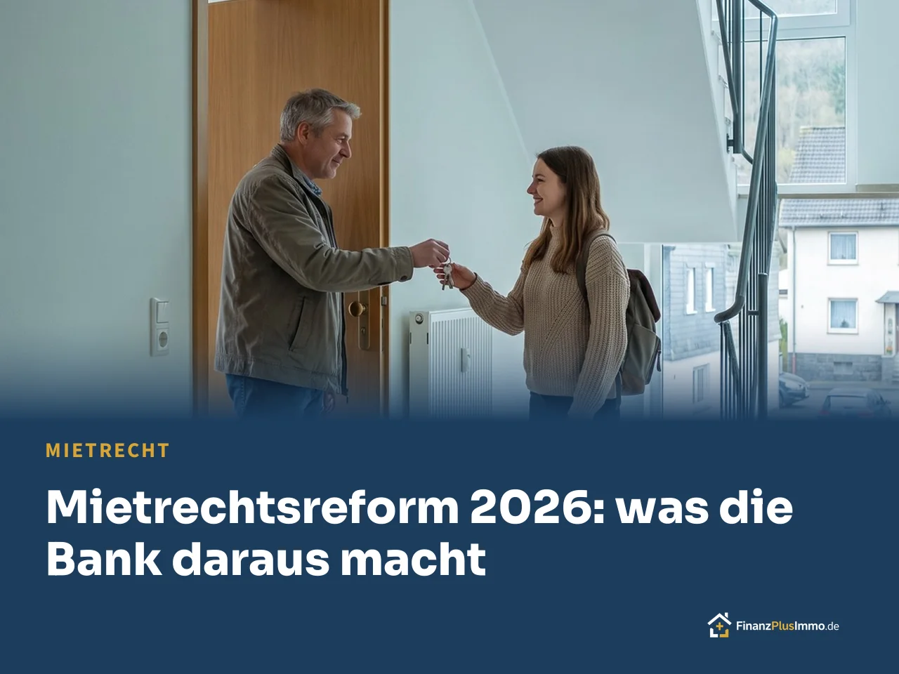 Vermieter übergibt einer Mieterin im Treppenhaus den Schlüssel, darunter die Überschrift „Mietrechtsreform 2026: was die Bank daraus macht“