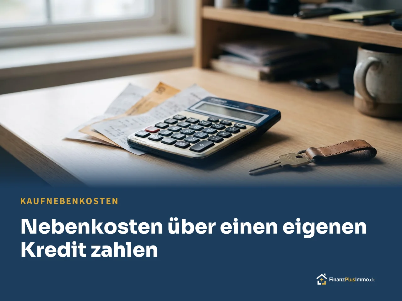Taschenrechner, Belege und Schlüssel auf einem Holztisch, darunter die Überschrift „Nebenkosten über einen eigenen Kredit zahlen“