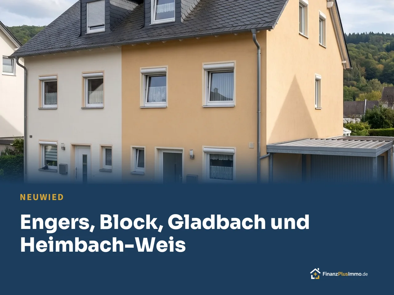 Doppelhaushälfte mit Schieferdach, Gauben und Carport, darunter die Überschrift „Engers, Block, Gladbach und Heimbach-Weis“