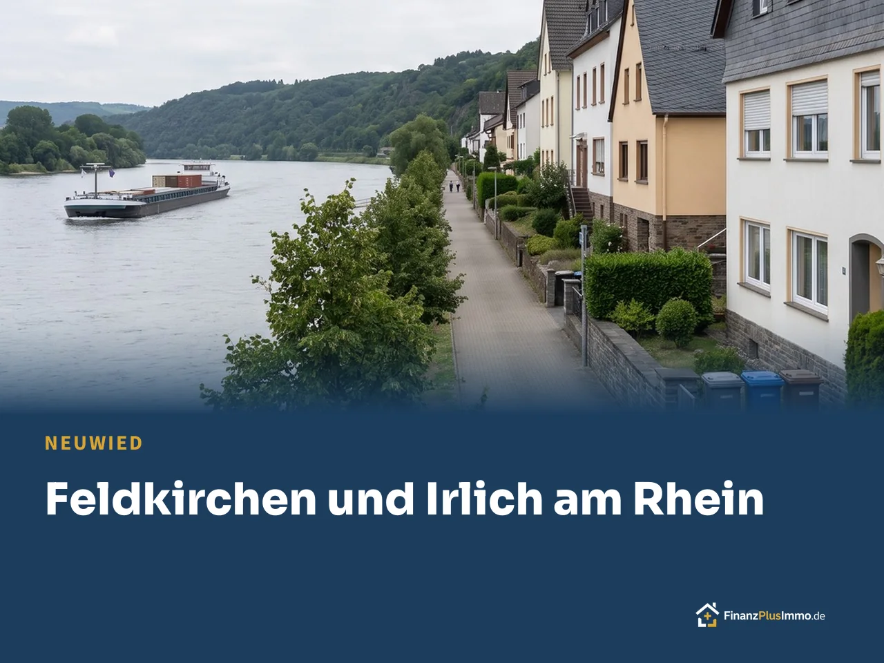 Rheinpromenade mit Frachtschiff und Häuserzeile mit Schieferdächern, darunter die Überschrift „Feldkirchen und Irlich am Rhein“