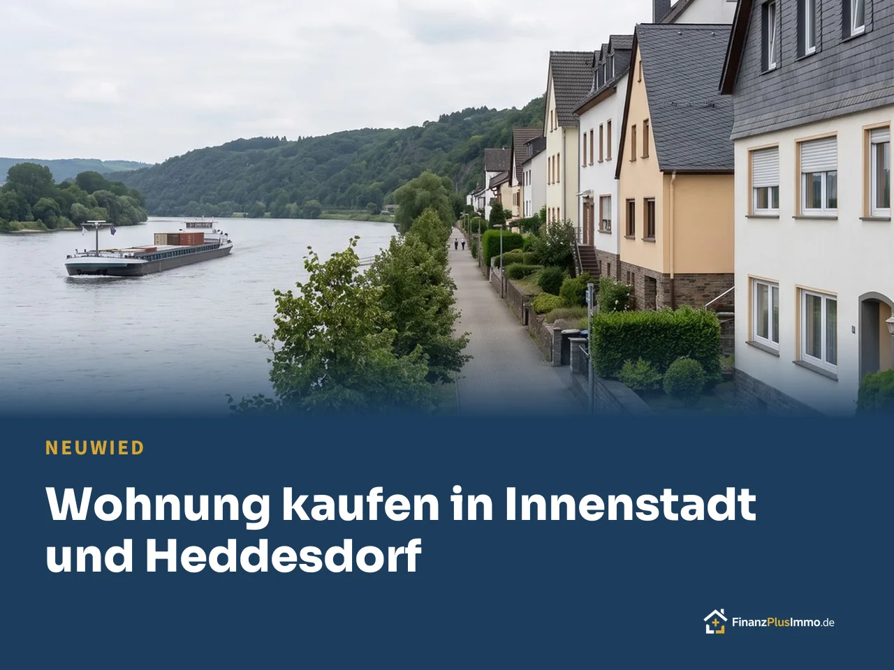 Rheinpromenade mit Frachtschiff und Häuserzeile mit Schieferdächern, darunter die Überschrift „Wohnung kaufen in Innenstadt und Heddesdorf“