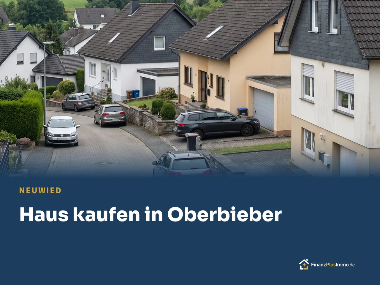 Wohnstraße am Hang mit Einfamilienhäusern, Hügel im Hintergrund, darunter die Überschrift „Haus kaufen in Oberbieber“