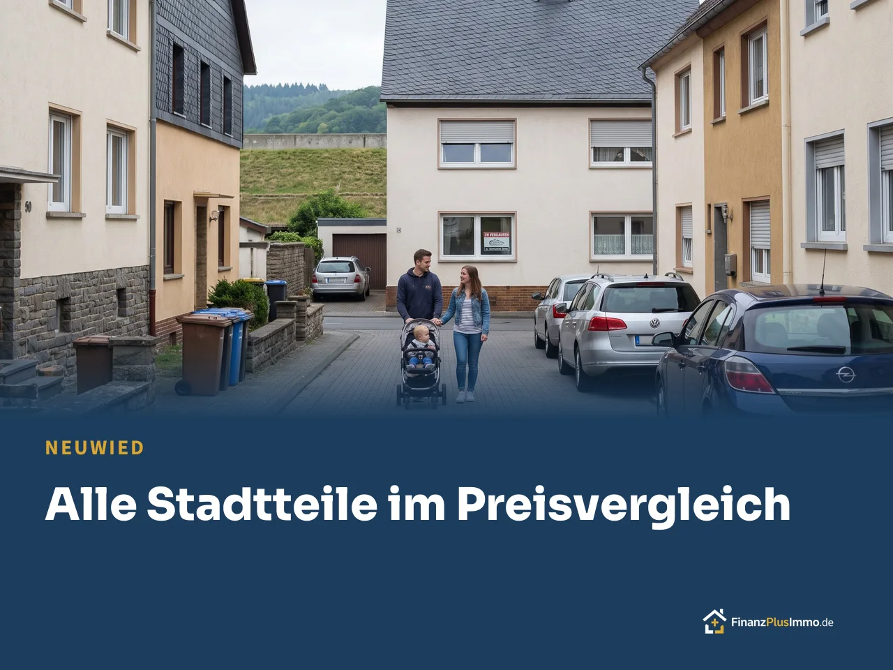 Junge Familie mit Kinderwagen in Wohnstraße, Deich im Hintergrund, darunter die Überschrift „Alle Stadtteile im Preisvergleich“