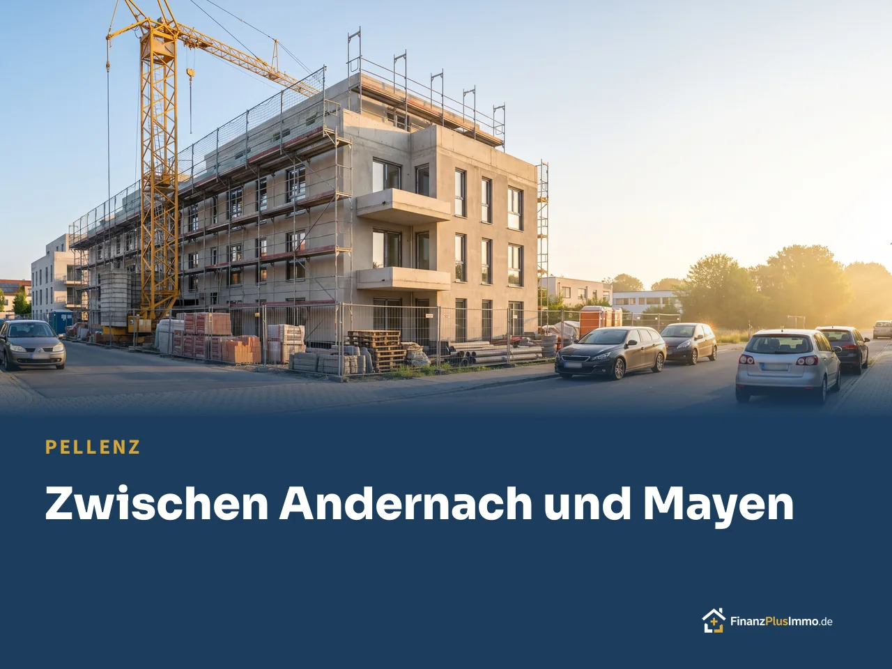 Neubau-Mehrfamilienhaus im Rohbau mit Kran und Gerüst im Morgenlicht, darunter die Überschrift „Zwischen Andernach und Mayen“