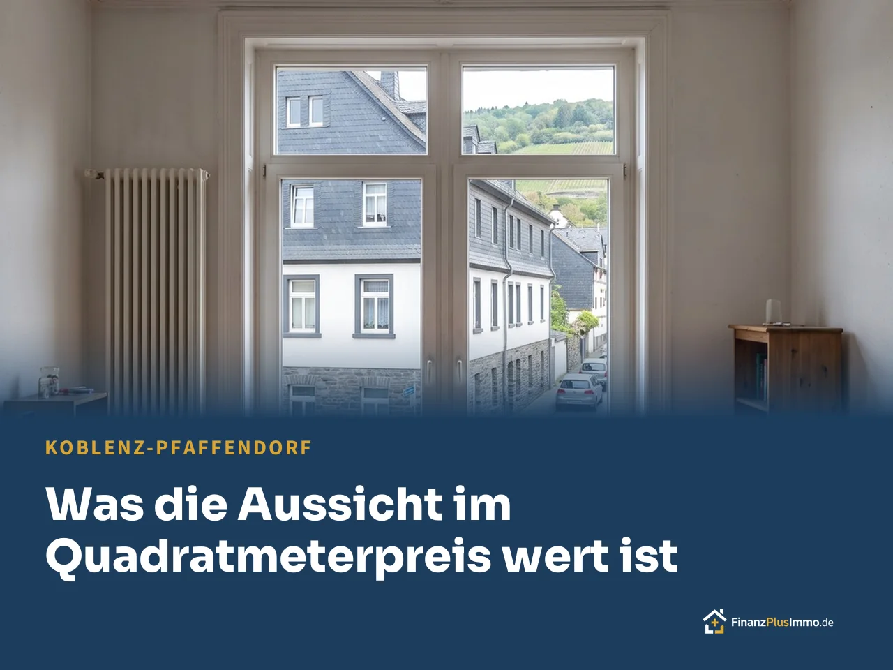 Altbauwohnung mit Stuck, Blick in Schiefergasse, darunter die Überschrift „Was die Aussicht im Quadratmeterpreis wert ist“