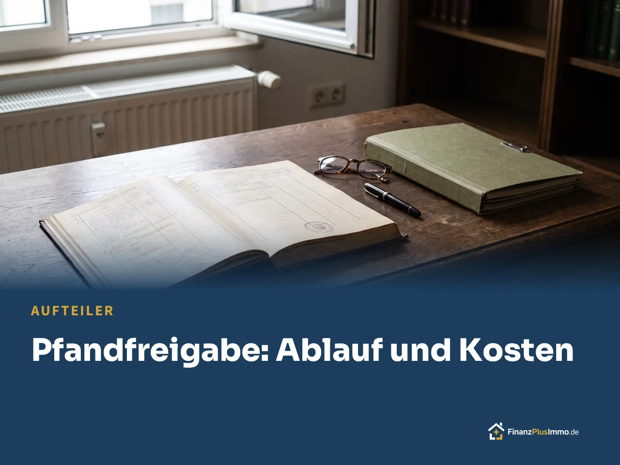 Amtliches Dokument mit Stempel, Füller und Brille auf Holztisch im Notarbüro, darunter die Überschrift „Pfandfreigabe: Ablauf und Kosten“