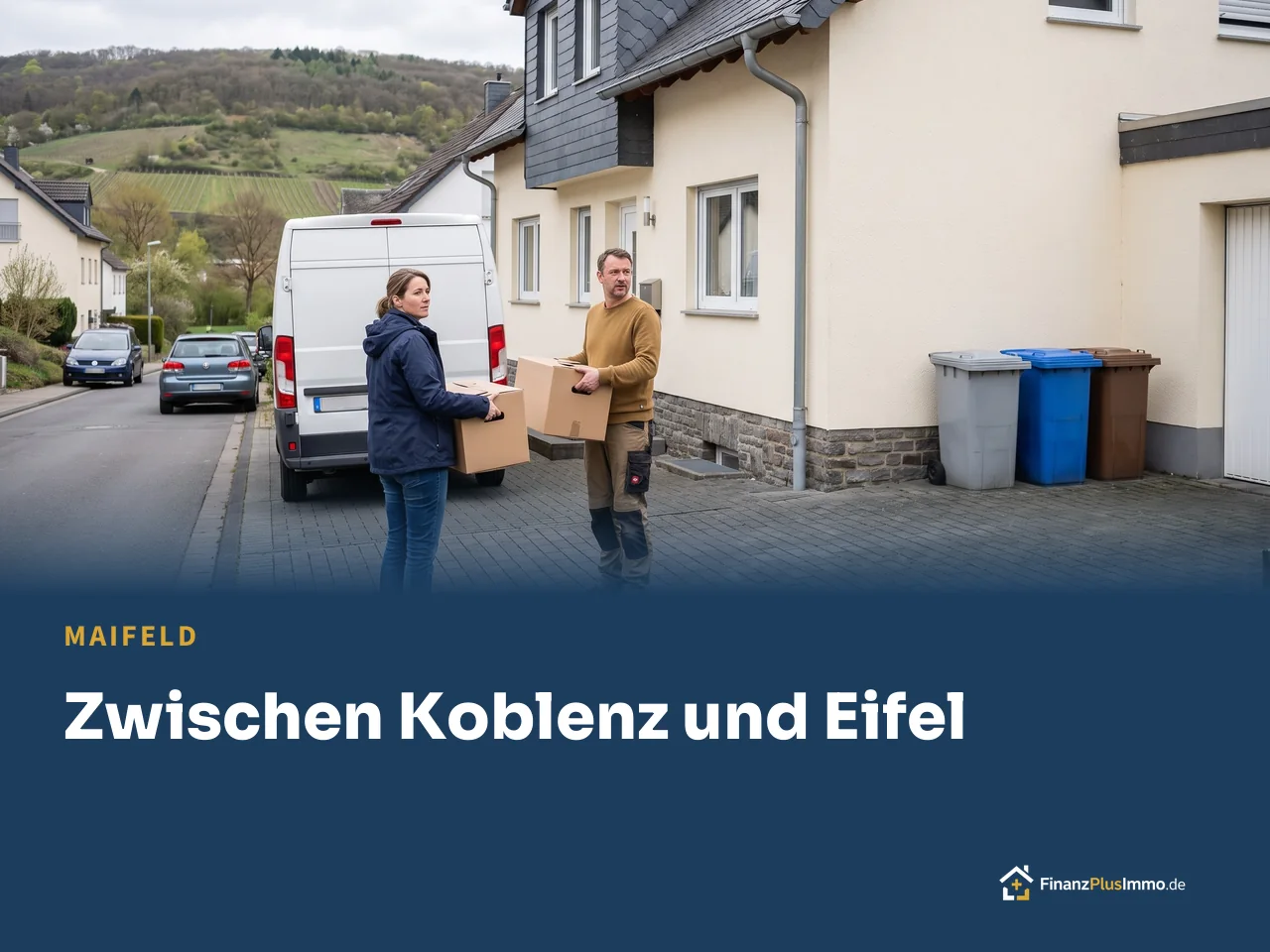 Paar trägt Umzugskartons vor einem Haus in einer Dorfstraße, darunter die Überschrift „Zwischen Koblenz und Eifel“