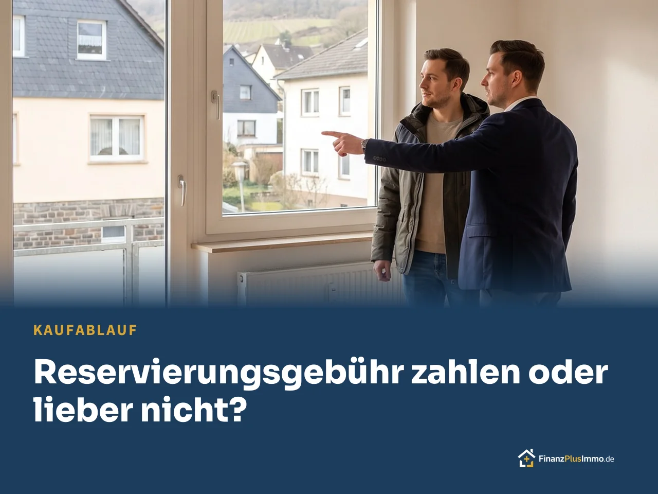 Makler zeigt Interessent eine leere Wohnung mit Balkon, darunter die Überschrift „Reservierungsgebühr zahlen oder lieber nicht?“