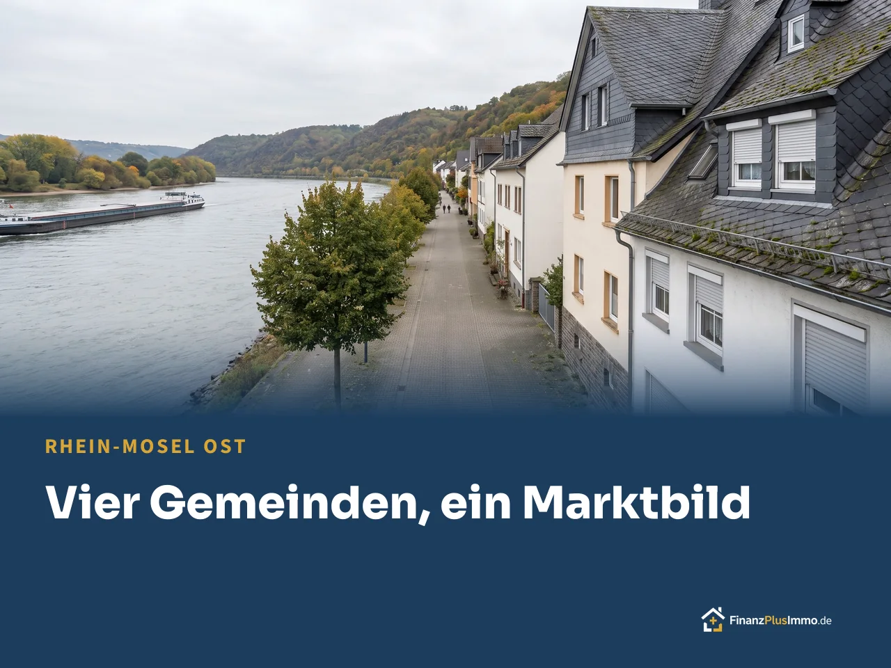 Rheinufer mit Wohnhäusern und Frachtschiff, darunter die Überschrift „Vier Gemeinden, ein Marktbild“