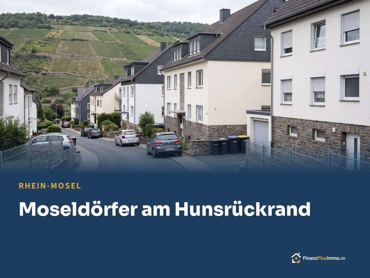Wohngebiet am Hang mit Weinbergen gegenüber, darunter die Überschrift „Moseldörfer am Hunsrückrand“