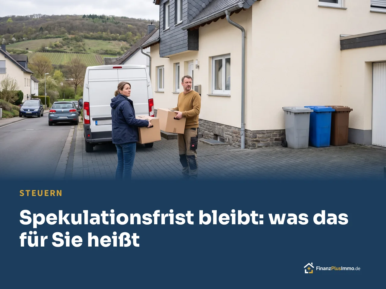 Paar trägt Umzugskartons vor dem verkauften Haus, darunter die Überschrift „Spekulationsfrist bleibt: was das für Sie heißt“
