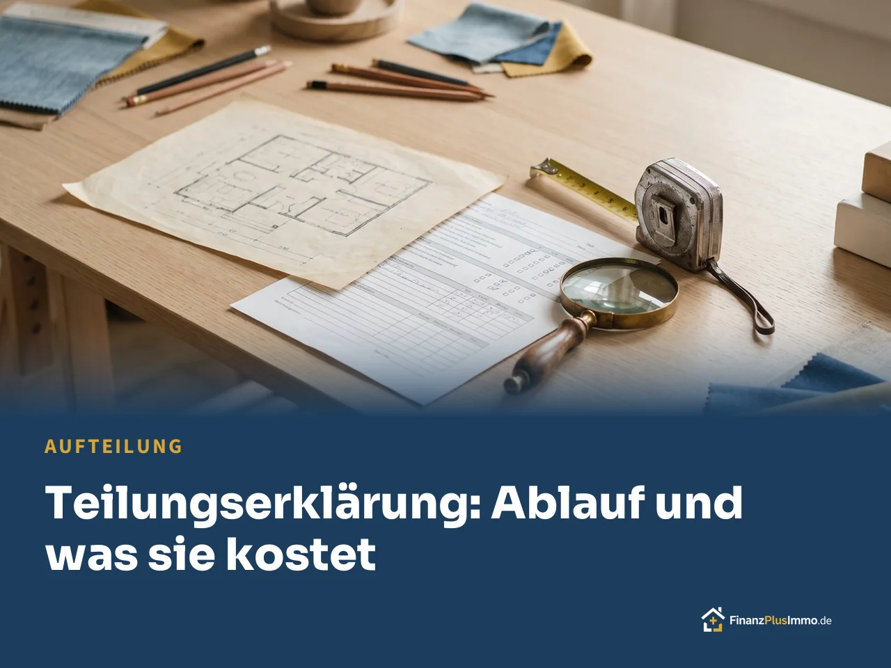 Grundriss, Lupe und Zollstock, darunter die Überschrift „Teilungserklärung: Ablauf und was sie kostet“