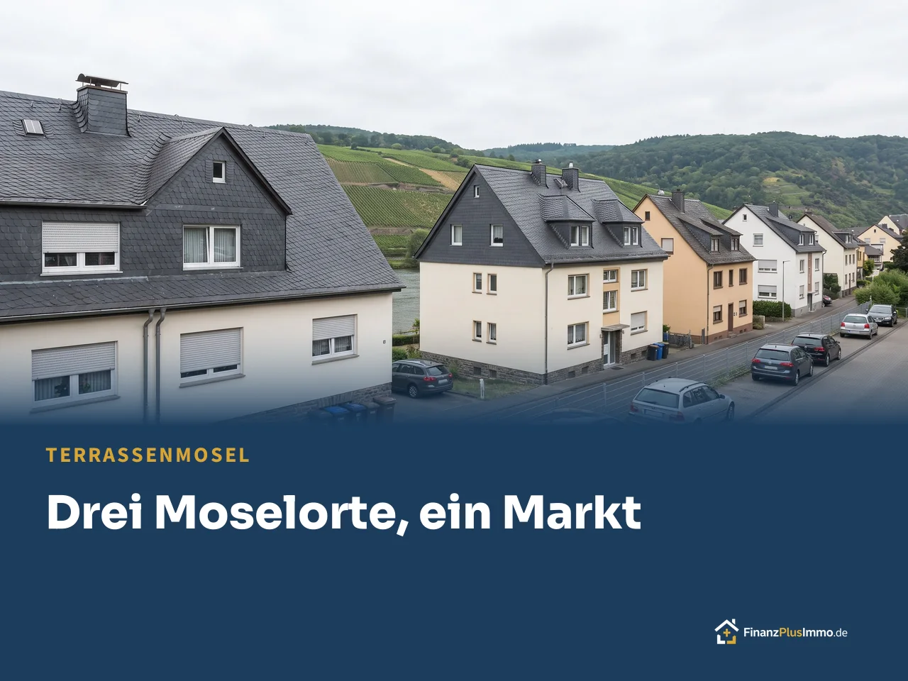 Moselufer mit Weinbergen und Wohnhäusern, darunter die Überschrift „Drei Moselorte, ein Markt“