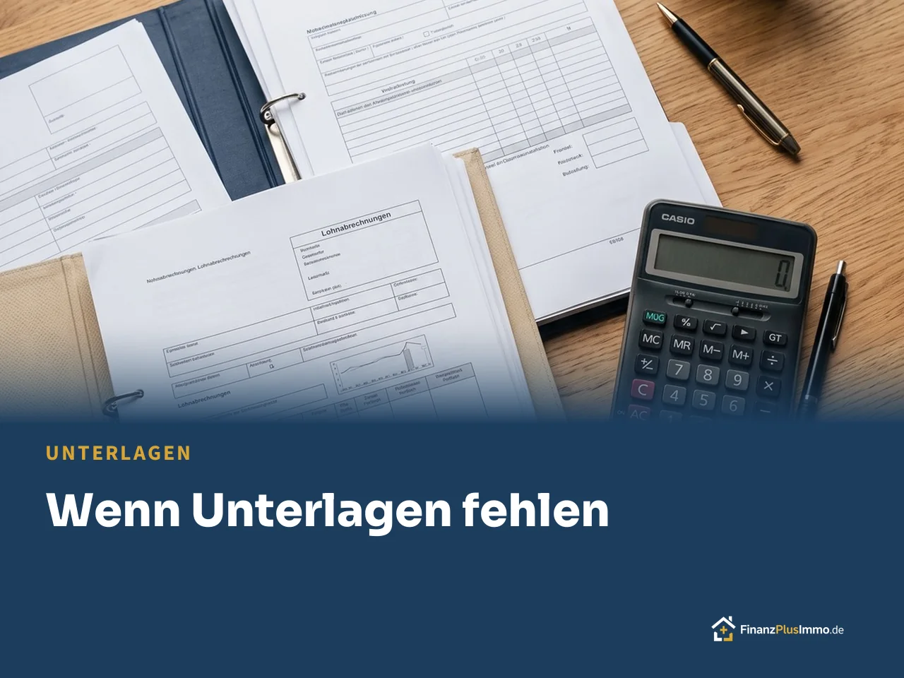 Formulare, Ordner, Taschenrechner und Kaffee auf einem Tisch, darunter die Überschrift „Wenn Unterlagen fehlen“