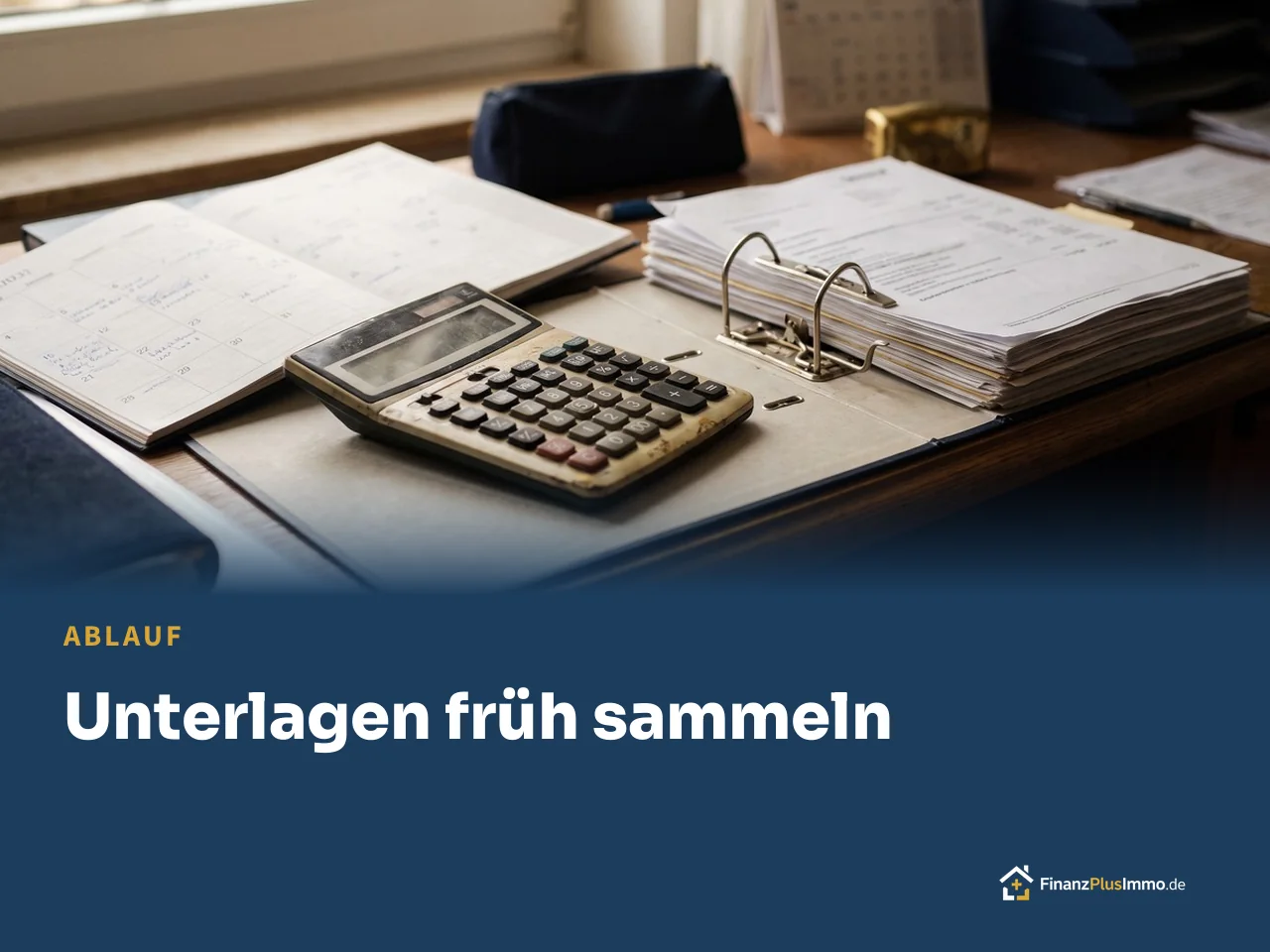 Taschenrechner, Ordner und Kalender, darunter die Überschrift „Unterlagen früh sammeln“