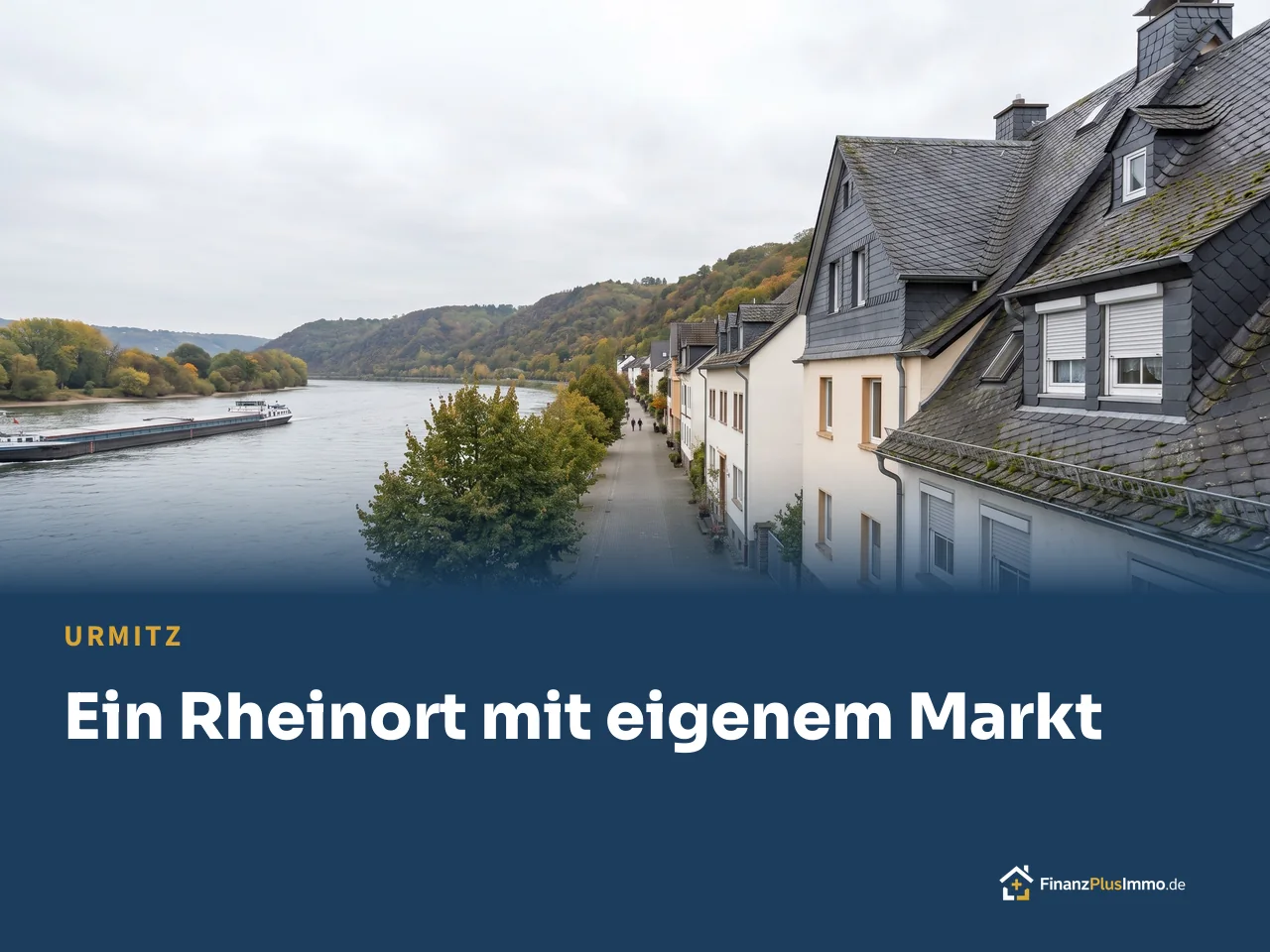 Rheinufer mit Wohnhäusern und Frachtschiff, darunter die Überschrift „Ein Rheinort mit eigenem Markt“