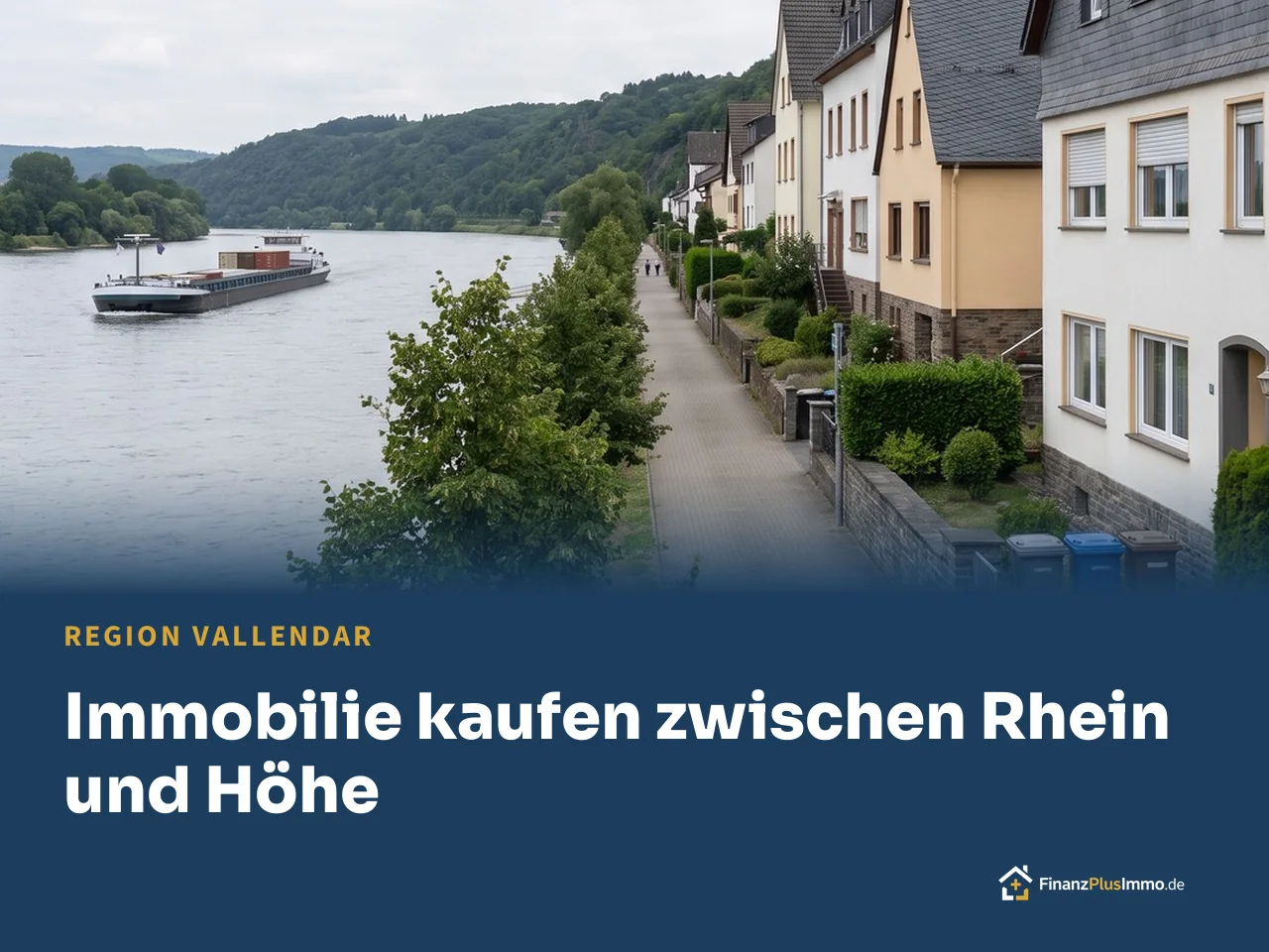 Rheinpromenade mit Frachtschiff und Häuserzeile mit Schieferdächern, darunter die Überschrift „Immobilie kaufen zwischen Rhein und Höhe“