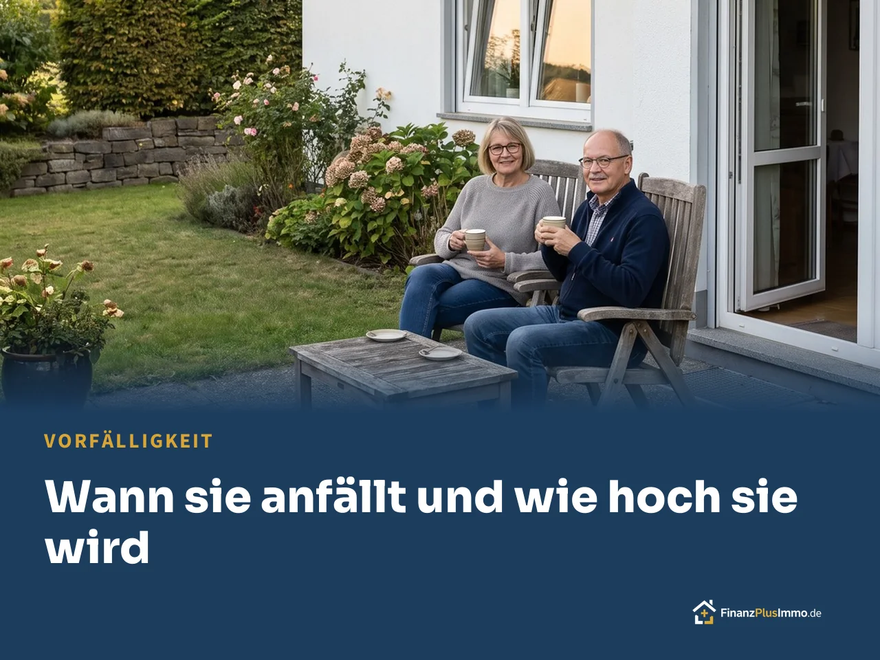 Paar um die 60 mit Kaffee auf der Terrasse am eigenen Haus, darunter die Überschrift „Wann sie anfällt und wie hoch sie wird“