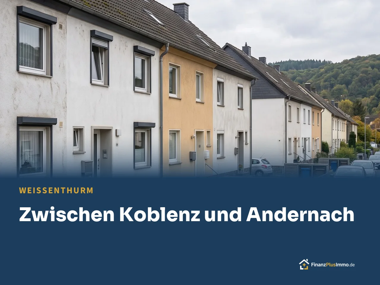 Reihenhauszeile mit Mülltonnenboxen und Doppelstabzaun, darunter die Überschrift „Zwischen Koblenz und Andernach“