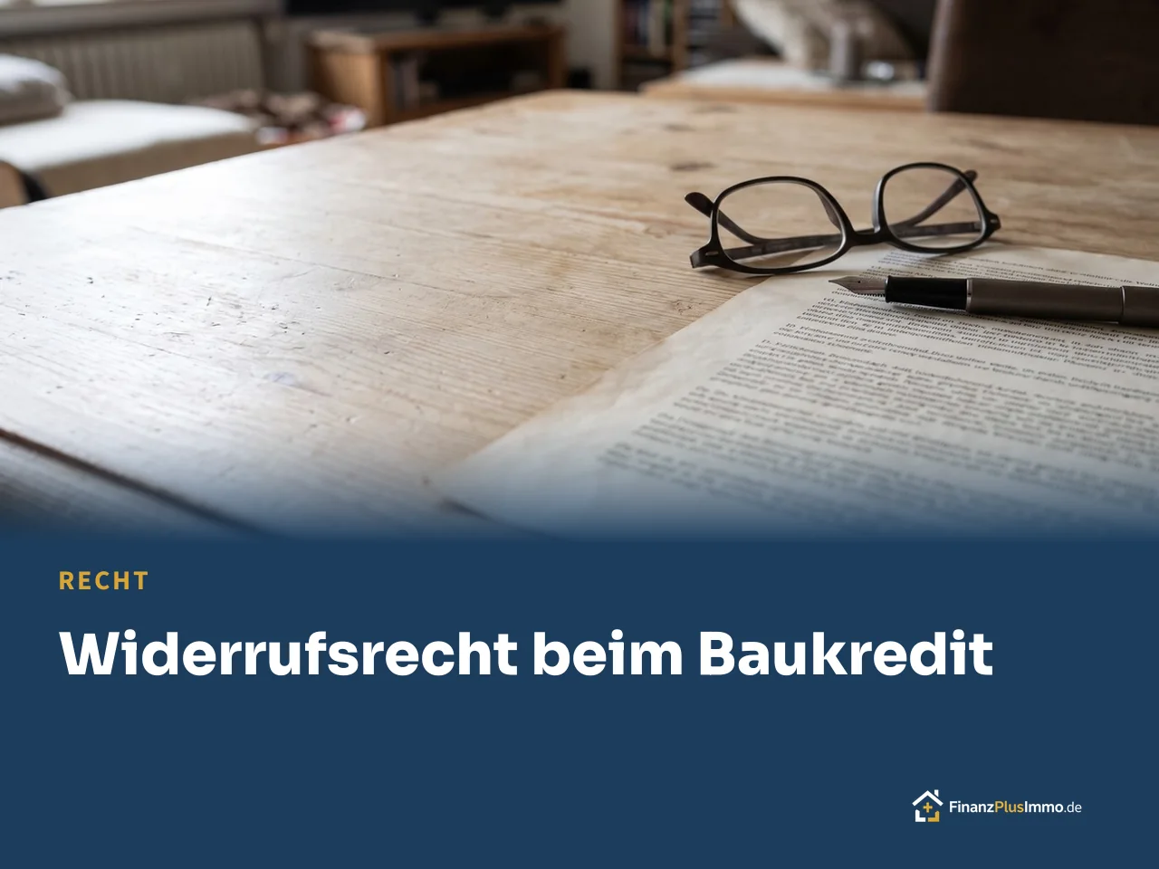 Vertrag und Brille auf Holztisch, darunter die Überschrift „Widerrufsrecht beim Baukredit“