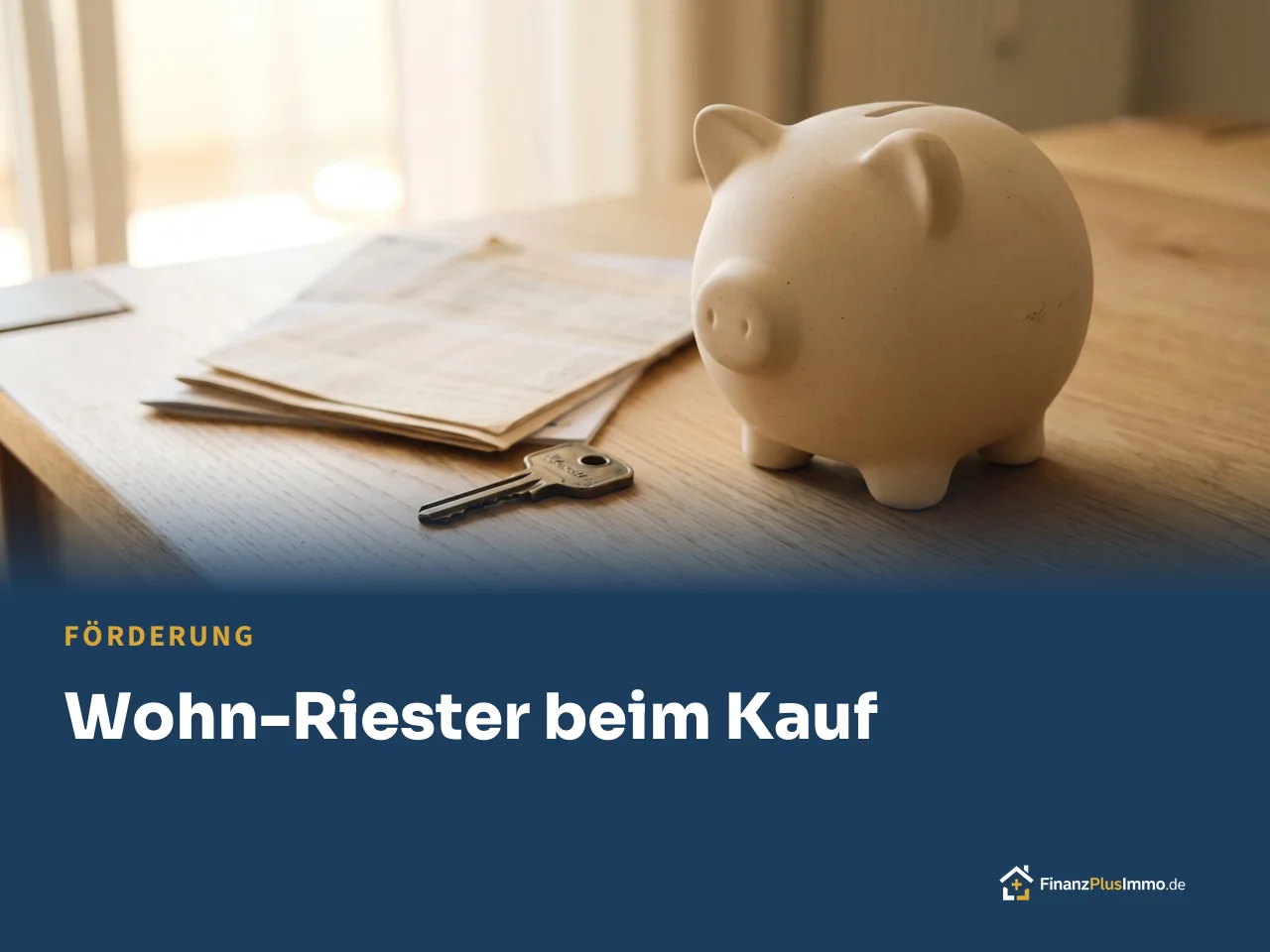 Sparschwein, Schlüssel und Unterlagen, darunter die Überschrift „Wohn-Riester beim Kauf“