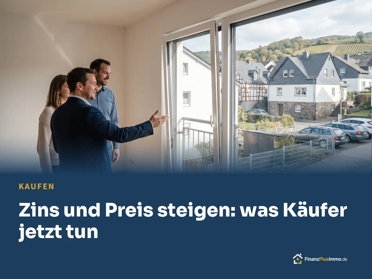 Paar besichtigt mit einem Makler eine leere Wohnung mit großem Fenster, darunter die Überschrift „Zins und Preis steigen: was Käufer jetzt tun“