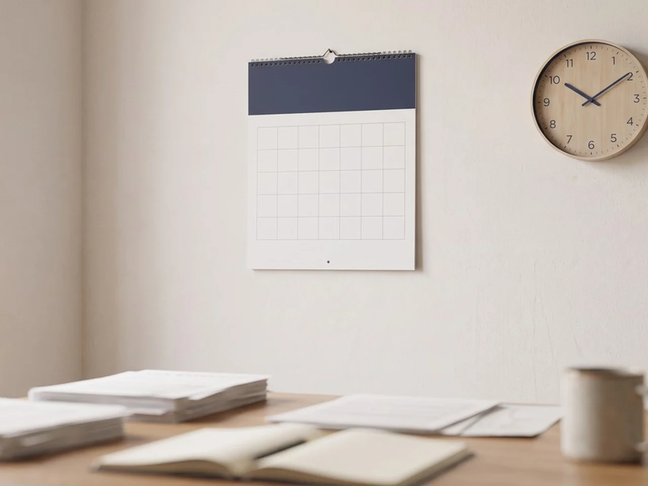 Kalender mit markierten Jahreszahlen neben einem Darlehensvertrag und einem Taschenrechner auf einem Schreibtisch