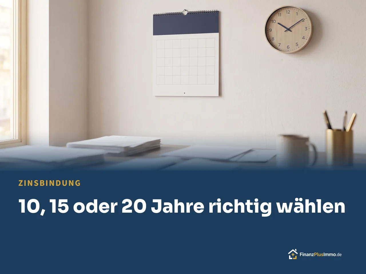 Leerer Wandkalender und Uhr, darunter die Überschrift „10, 15 oder 20 Jahre richtig wählen“