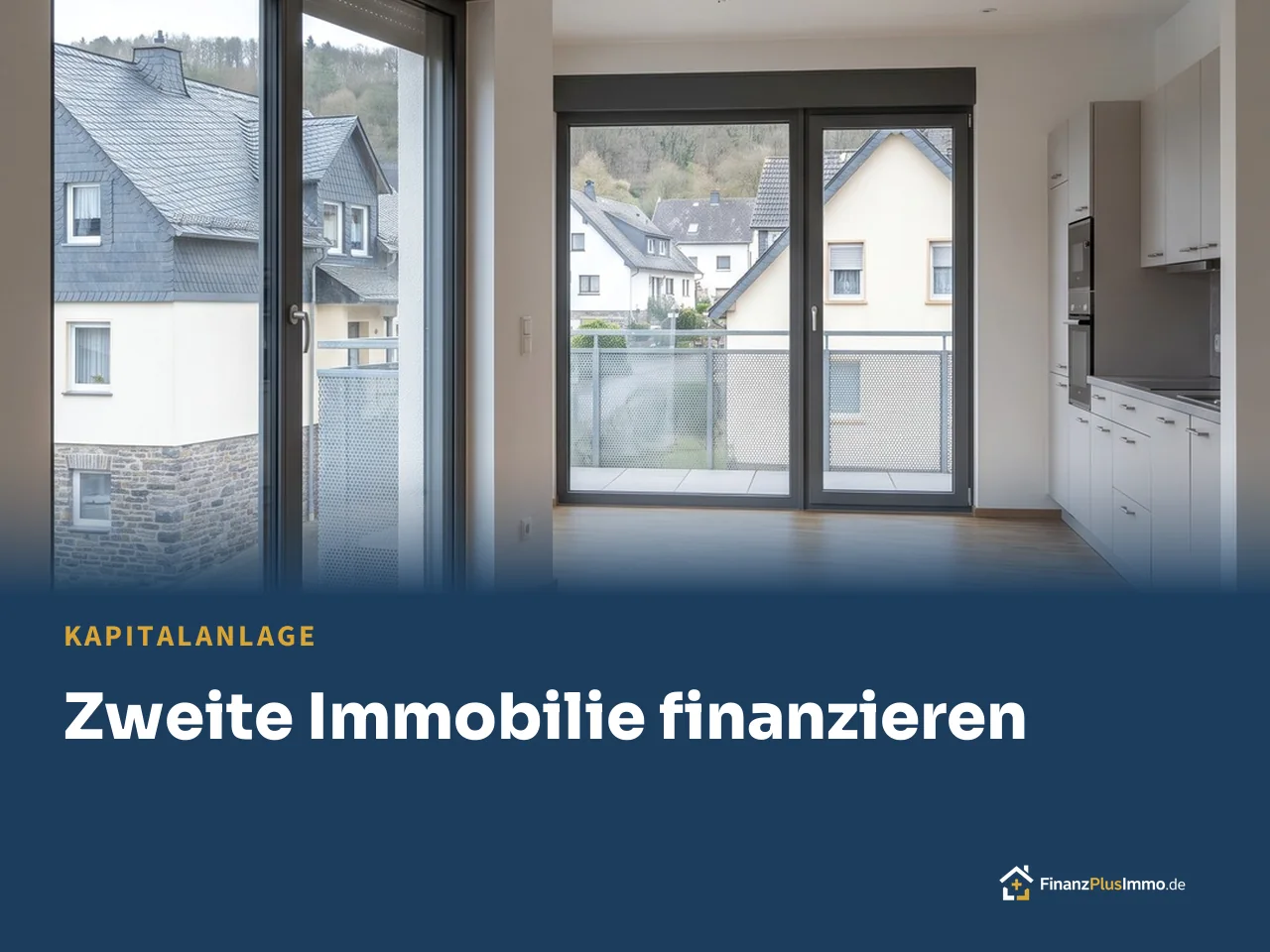 Leere Neubauwohnung mit Parkett, bodentiefen Fenstern und Küchenzeile, darunter die Überschrift „Zweite Immobilie finanzieren“