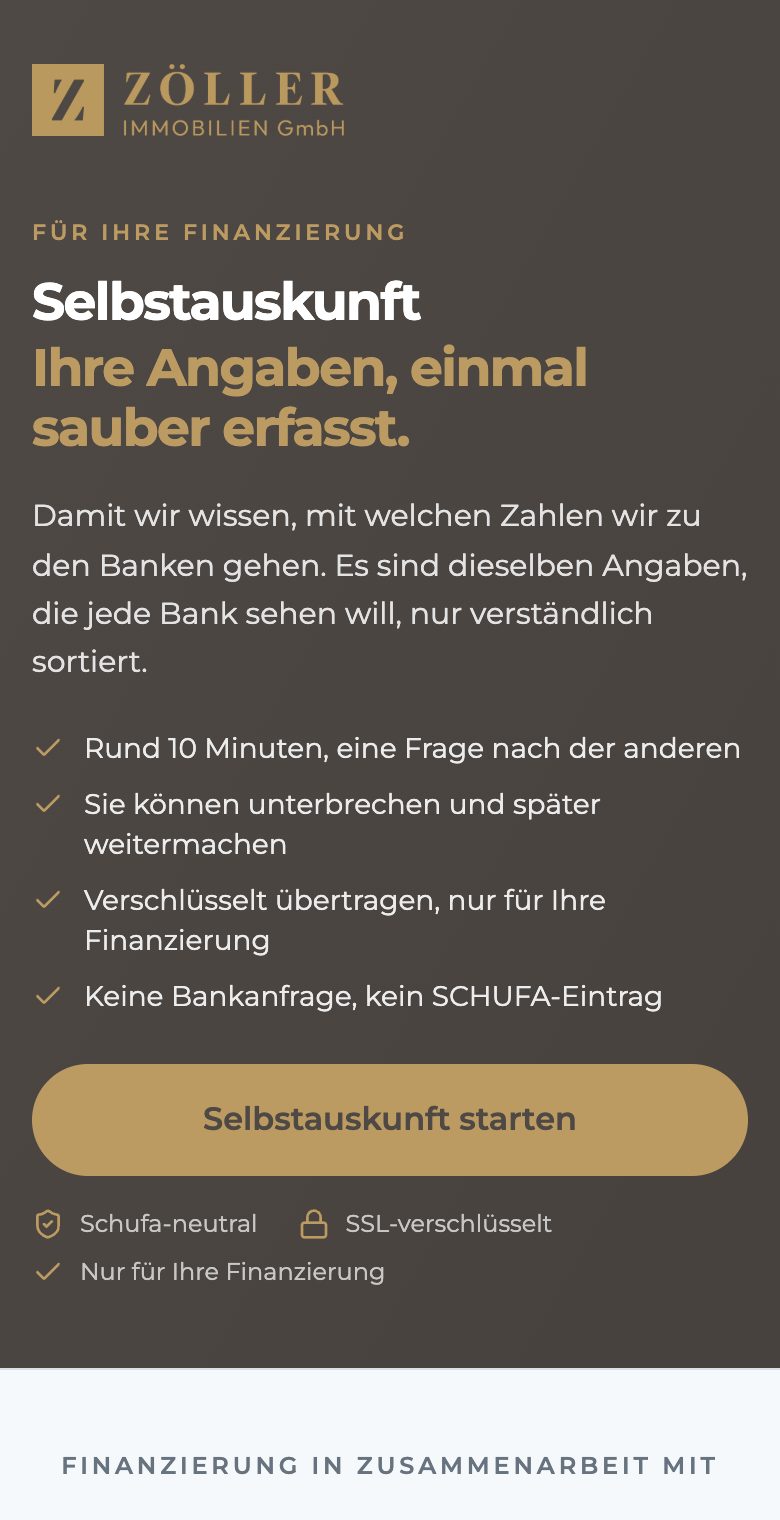 Startseite der Selbstauskunft von Zöller Immobilien